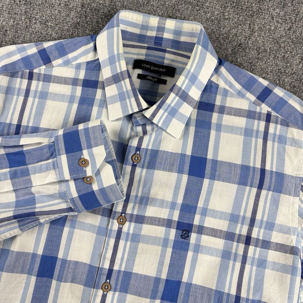 Louis Quatorze Shirt Mens 105 US L Blue White Plaid Check Slim Fit